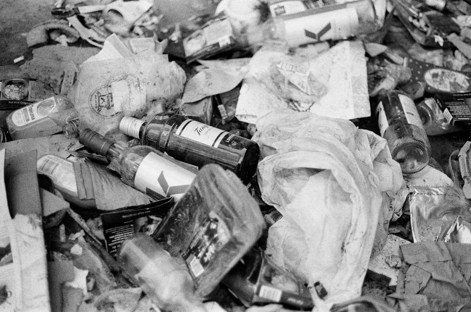 A close-up view of a pile of mixed waste materials scattered across a flat surface, including crumpled paper, plastic bottles, cardboard packaging, and foil wrappers. The paper debris appears worn and creased, with some torn edges, while the plastic bottles vary in shape and size, with labels partially visible and some caps still attached. Cardboard items are compressed and layered underneath other refuse, with a variety of textures from smooth to rough ridges. The background contains more scattered rubbish, with no clear organisation, creating a chaotic scene typical of waste accumulation for a private rubbish removal service. The lighting is diffuse, highlighting the different surfaces and textures of the rubbish, conveying a sense of disorder suitable for visual content about waste clearance or rubbish collection services. This scene offers an authentic snapshot of waste ready for disposal, compatible with a site specializing in alternative rubbish removal methods, such as on-site clearance or private disposal options.
